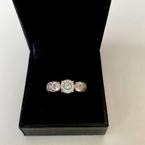 Diamonique by Tacori 3-stone ring in platinum plated sterling silver, size 8.